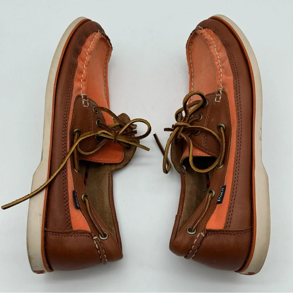 Polo by Ralph Lauren Coral Canvas and Brown Leather Boat Shoes with White Sole